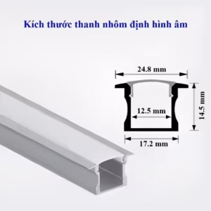 Bản vẽ thông số kích thước thanh nhôm định hình LED âm trần U05S_513A Silamp với mặt thanh 24.8mm và chiều cao 14.5mm