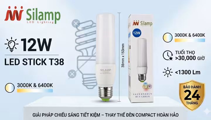 Bóng đèn stick led T38 12w silamp thay thế bóng đèn compact