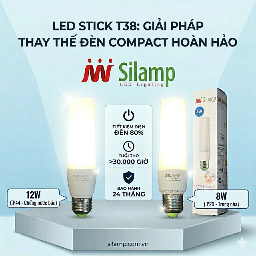 So sánh LED Stick T38 8W (IP20) & 12W (IP44). Thiết kế 38x153mm thon gọn, kháng nước vượt trội, phù hợp mọi không gian