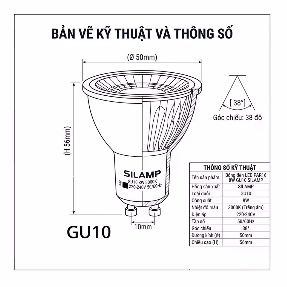 ban-ve-ky-thuat-va-thong-so-bong-den-led-par16-8w-gu10-silamp Bản vẽ kỹ thuật có kích thước