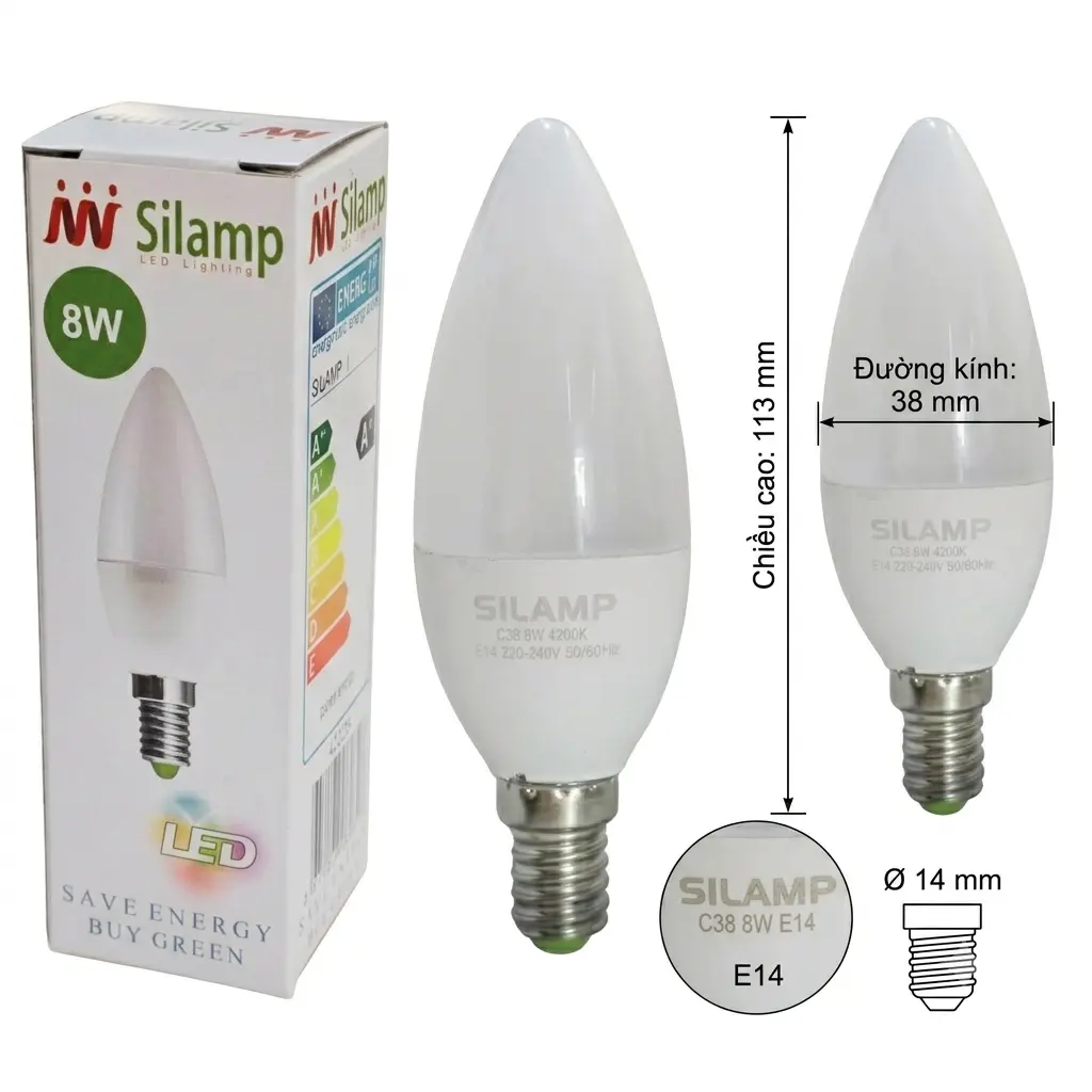 chi tiết bóng đèn led quả nhót c38 8w E14 Silamp